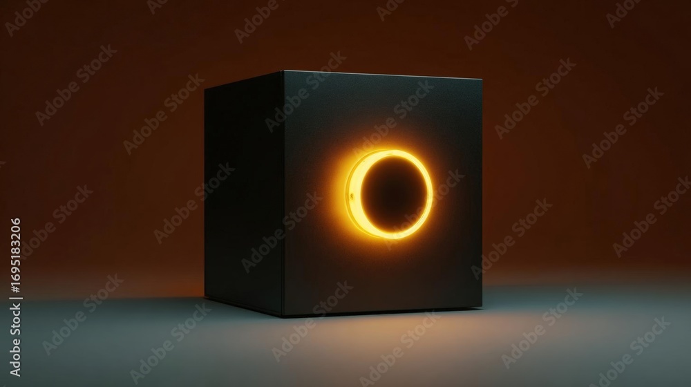 Poster 3d rendering of a square-shaped object with a glowing orange circle in the center. the object appear