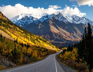 Fototapeta premium Scenic highway winds through a mountain valley ablaze with autumn foliage, snow-capped peaks rising majestically in the background.