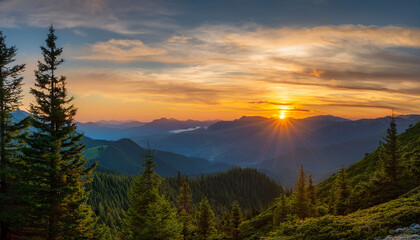 Fototapeta premium Serene Sunset Over Majestic Mountain Ranges And Verdant Pine Forests