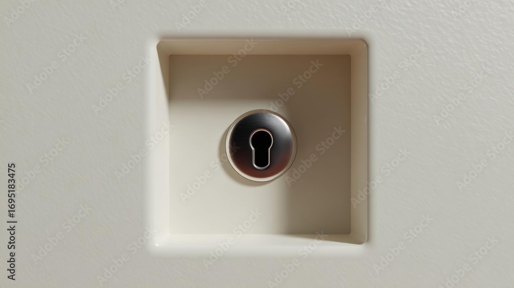 Poster square-shaped light switch cover with a keyhole in the center. the cover is made of a beige-colored 