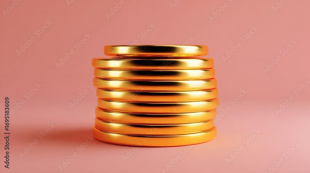 Aufkleber stack of gold coins on a pink background. the coins are arranged in a horizontal line, with the topm