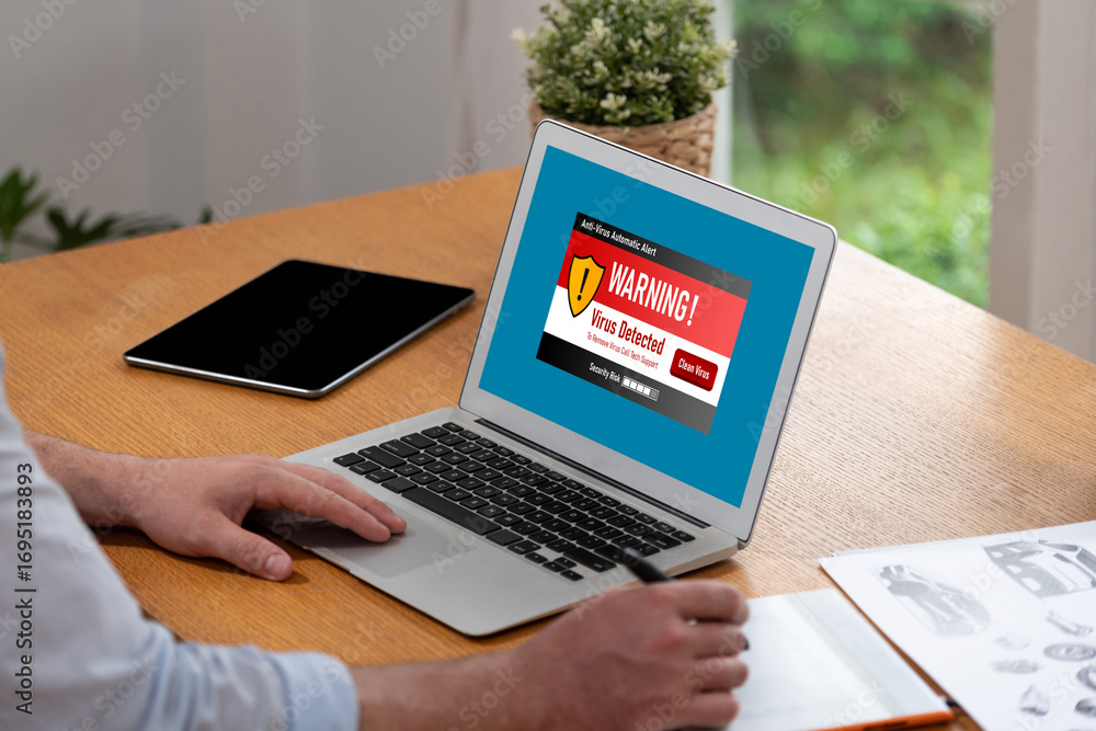 Aufkleber virus warning alert on computer screen detected brisk cyber threat , hacker, computer virus and malw