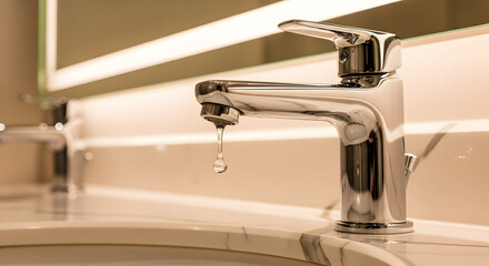 Polished Chrome Faucet Dripping Water in Contemporary Bathroom Setting