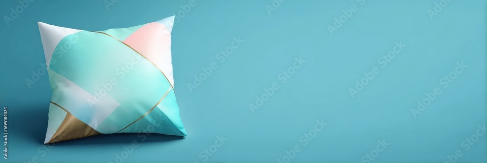 Poster modern decorative pillow with geometric patterns resting on a solid blue background in a contemporar