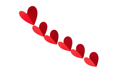 A row of red hearts isolated on transparent background