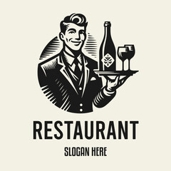 Black and white flat vector logo of a smiling waiter in a suit and tie holding a tray with a wine bottle and two glasses. Elegant restaurant, bar and catering emblem.