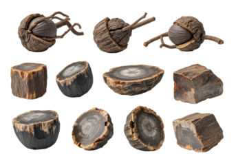 Ancient petrified tree nuts, intact with gnarled husks and sectioned with concentric rings, in dull amber and charcoal tones on a stark white background. Concept of geological preservation
