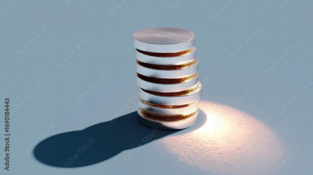 Poster stack of coins on a light blue background. the coins are arranged in a cylindrical shape, with the t
