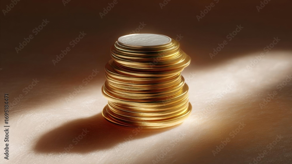 Poster stack of gold coins on a beige background. the coins are arranged in a pyramid-like shape, with the 