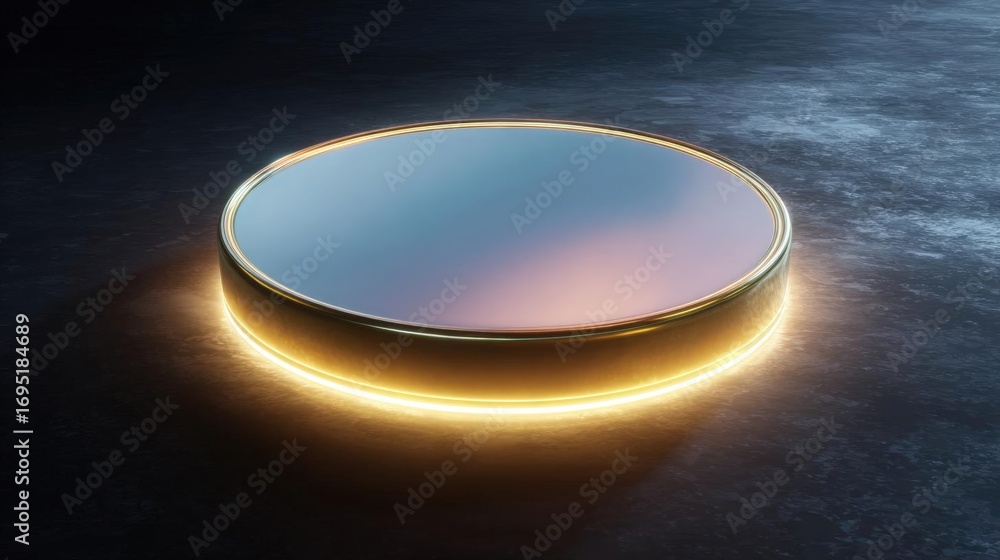 Poster 3d rendering of a round, circular object with a golden rim. the object is placed on a dark, textured