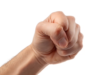 A clenched fist on black background hand gesture power strength, isolated on transparent background, perfect cutout, PNG