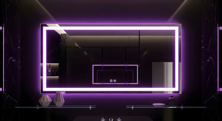 Fototapeta premium Reflective Bathroom Fixture Illuminated With An Energetic Neon Frame and Ambient Lighting