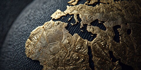 Embossed Gold Globe on Elegant Black Leather Texture