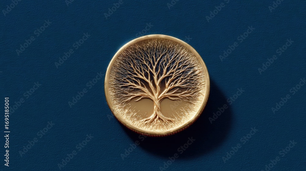 Poster close-up of a gold-colored coin with a tree of life design on it. the tree is in the center of the c