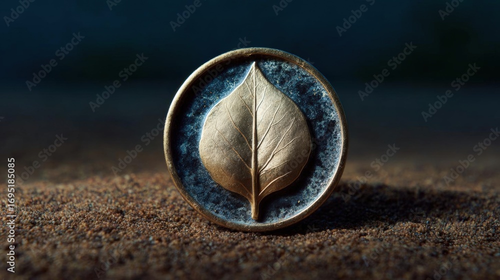 Poster close-up of a small, round object with a leaf-like design on it. the object appears to be made of me