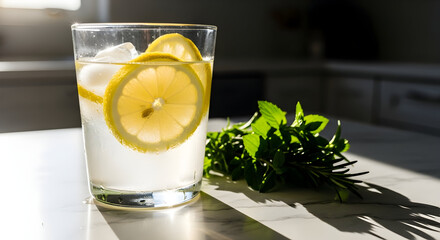 Refreshing Summer Drink With Lemon Slices, Mint and Ice Cubes in Sunlight