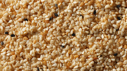 Ai various sesame seeds in different colors and sizes arranged densely on a surface for culinary use