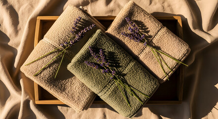 Relaxation And Serenity: Scented Lavender Towels On A Wooden Tray, Natural Aesthetic