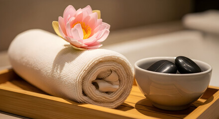 Relaxation And Wellness: A Spa Still Life With Rolled Towel, Flower And Stones
