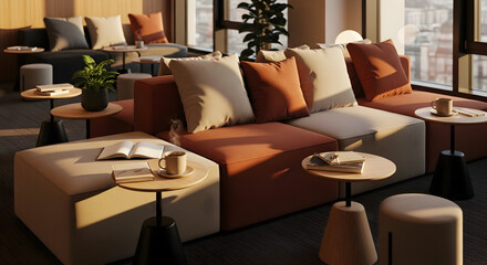 Relaxation, Comfort, And Tranquility: A Modern Interior Design With Coffee And Books.