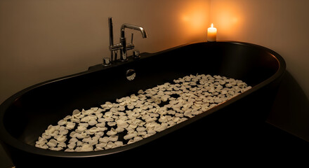 Relaxation scene in a bathroom with a black bathtub filled with petals and a candle