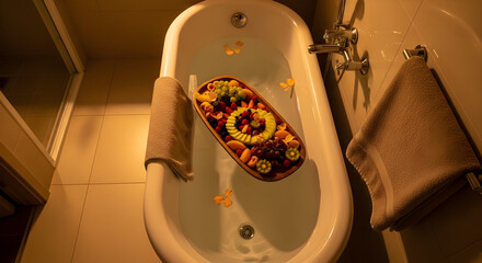 Relaxation, Fruit Platter in Bathtub, Spa-Like Moment, Serene Bathing Experience.