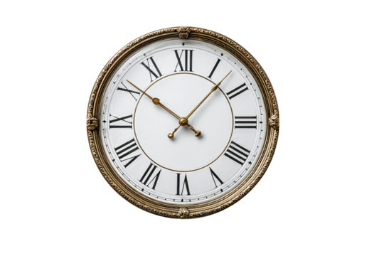 Elegant Antique Clock Roman Numerals Gold Frame Timepiece, isolated on transparent background, perfect cutout, PNG