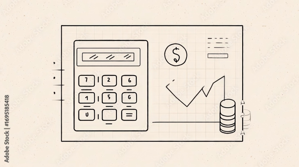 Poster black and white line drawing of a calculator, a stack of coins, and a graph. the calculator is on th