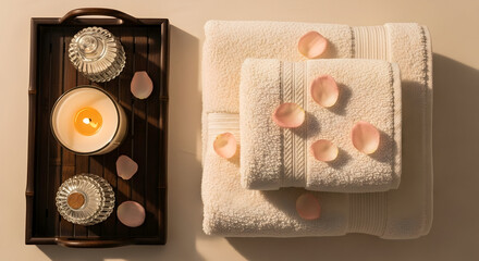 Relaxing Bath Essentials, Candle, Towels, Petals For Spa, Aromatherapy, Self Care Concept