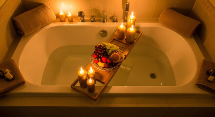 Relaxing bath with candles and fruit for a spa-like, tranquil, and romantic moment
