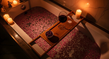 Relaxing bath with candles petals and wine creating a tranquil romantic mood atmosphere