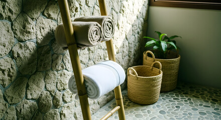 Relaxing bathroom interior with rolled towels, plant, and stone wall background