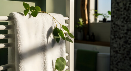 Relaxing Bathroom Scene: A White Towel, Eucalyptus, and Serene Natural Light