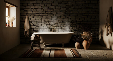 Relaxing Bathroom Scene Depicting Tranquility With A Stone Wall And A Bathtub