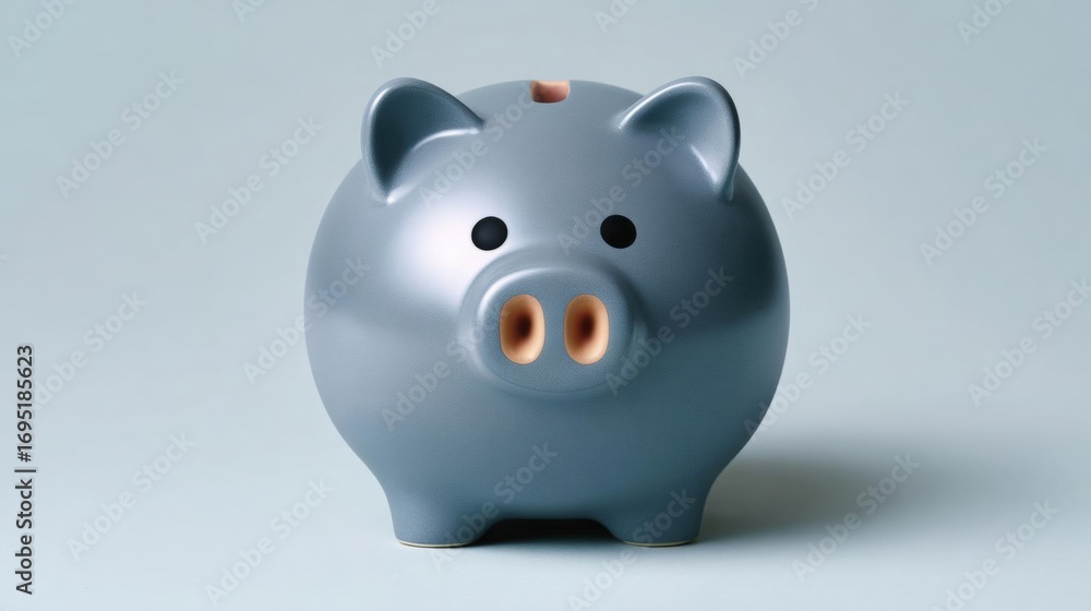 Poster the image is of a piggy bank in a light blue color. it is standing upright on a plain white backgrou