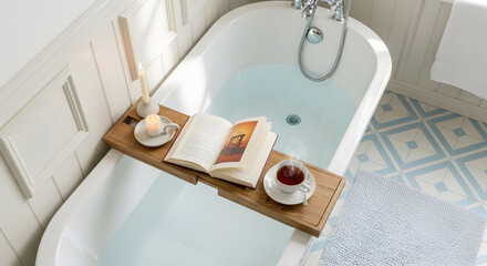Relaxing Bathtub Scene With Book, Tea, And Candle Creating Aesthetic Atmosphere