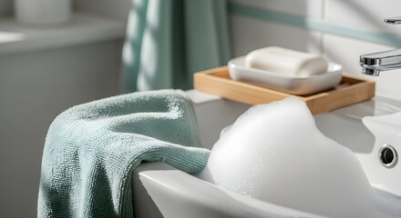 Relaxing Bathtub Scene With Fresh Bubbles, Soap and Clean Towel in Bright Bathroom Setting