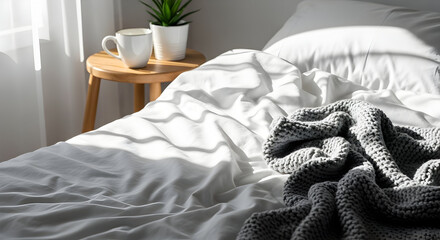 Relaxing Bed With Blanket, Mug And Plant, Bathed In Natural Sunlight For Serenity