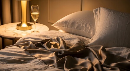 Relaxing Bedroom Ambiance, Warm Lighting, Wine Glass, And Luxurious Bedding Setting The Mood
