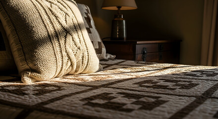 Relaxing Bedroom Interior: Sunlight, Cozy Bedding and Knitted Pillows, Intimate Scene