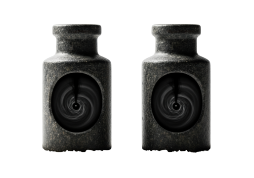 Close-up of two ancient, dark granite vials with worn texture, each containing a swirling inky black void, on grey ash against a transparent studio background. Concept of ancient mystery and hidden