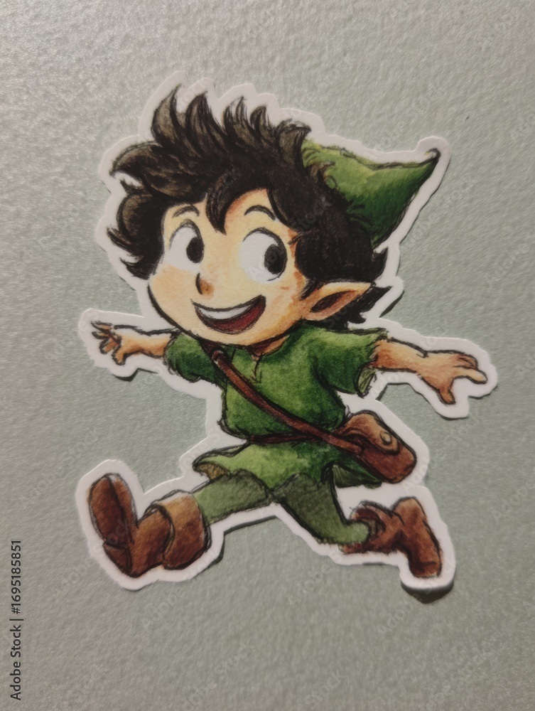 Poster cheerful green-clad character running joyfully with a bright smile in an animated style