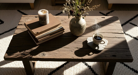 Relaxing Coffee And Candle Ambiance On Wooden Table In Cozy Living Space