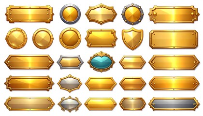 Collection of decorative gold and silver metallic signs in various shapes, including shields, rectangles, and octagons, showcasing a range of textures and designs.