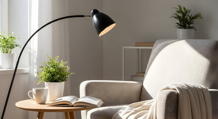 Relaxing Interior Scene: Comfortable Chair, Plants, And Soft Ambient Lighting Perfect For Reading