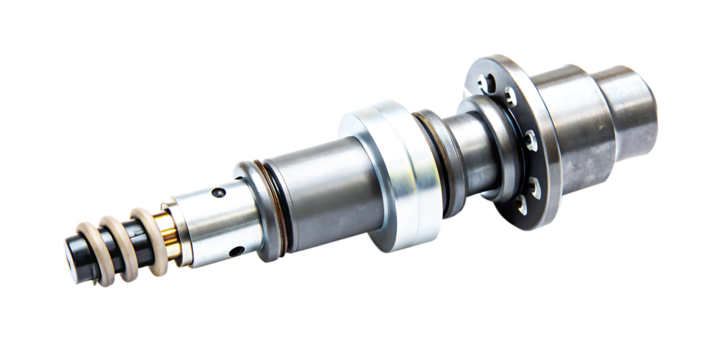 Automotive fuel injector component with metal parts isolated on a transparent background