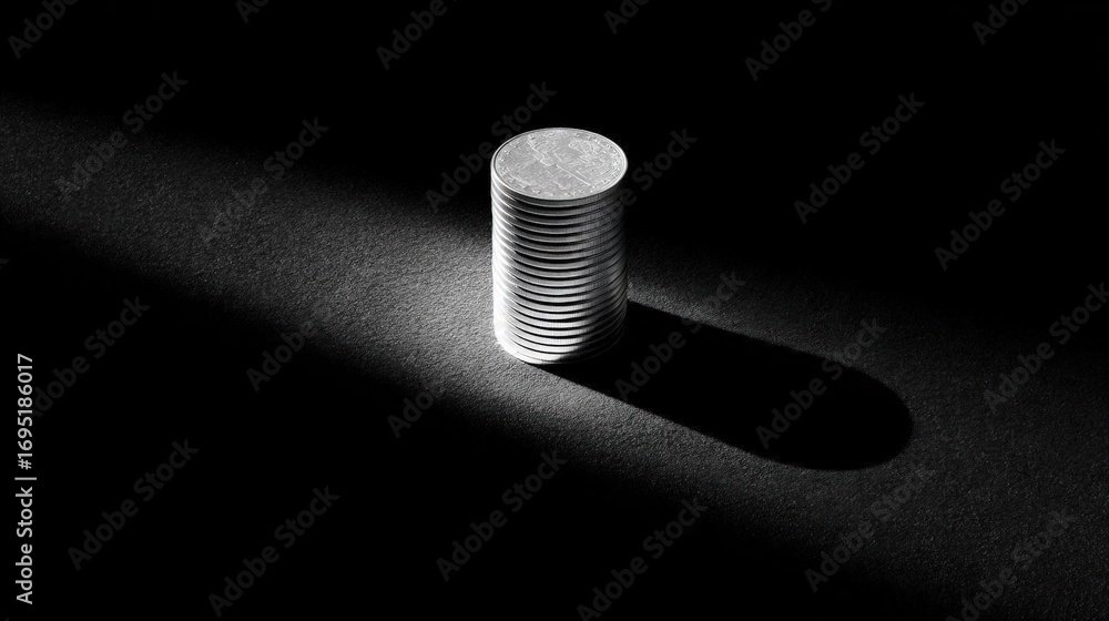 Poster black and white photograph of a stack of coins. the coins are arranged in a cylindrical shape and ar