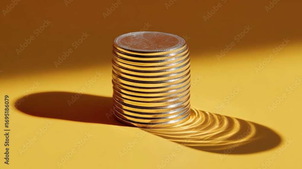 Poster stack of coins on a yellow background. the coins are arranged in a cylindrical shape, with the topmo