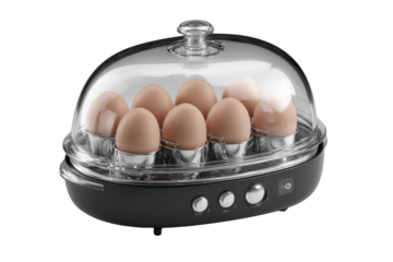 Oval-shaped, black appliance with a clear dome, designed for cooking eggs.  Eight eggs are nestled in individual egg cups inside.  Controls are on the bottom