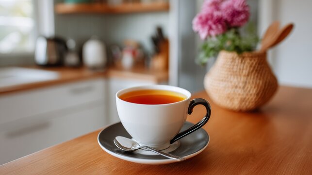 A white tea cup with a black handle sits on a wooden table. A spoon is placed on the saucer. A vase of flowers sits on the table next to the cup - Powered by Adobe